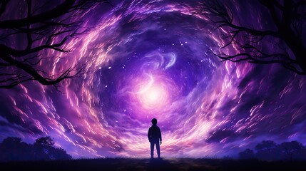 Fototapeta premium person standing in front of purple galaxy. Digital concept, illustration painting.