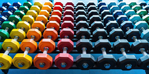 Fototapeta premium Dumbbells and Workout Accessories Arranged Neatly on a Modern Gym Floor: A Vivid and Childish Depiction with Striking Colors, Blending Modernity and Playfulness in a Fitness Setting