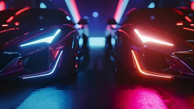 Fierce competition is captured in a startling closeup of two cars sidebyside their neon headlights shining like glinting eyes in the darkness.