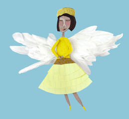 Cartoon style character collage of flying woman with wings. Fairy angel concept