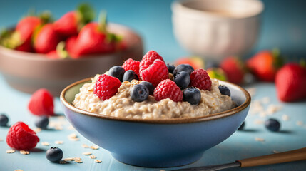 Colorful breakfast meal of oatmeal porridge and fresh raspberries, blueberries and strawberries on...