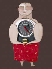 Cartoon style collage of man with scales holding a burger. Healthy food and nutrition concept.