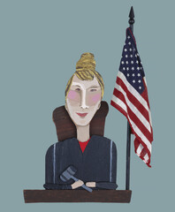 Cartoon style collage of american court judge woman