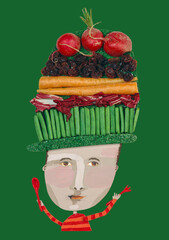 Cartoon style collage of person with hat made with various vegetables. Healthy food concept.
