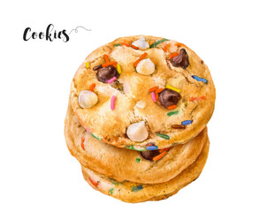 Watercolor illustration of cookies dessert close up. Design template for packaging, menu, postcards.