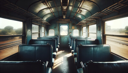 An image showcasing the interior of an old train carriage in a wide aspect ratio. The focus is on two rows of empty blue seats facing each other, with