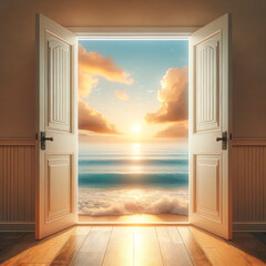 an open doorway leading to a tranquil ocean scene during sunrise. The door frame and open door are clearly visible, creating a welc