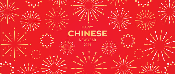 Festival chinese backdrop vector. Happy chinese new year wallpaper design with golden fireworks on red background. Modern luxury oriental illustration for cover, banner, website, decor, advert.
