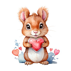 cute squirrel with a heart, watercolor png illustration with transparent background for valentines...