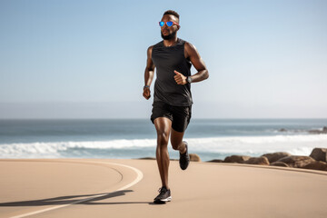 Afro-American man jogging on road near coastline of ocean during summer. Healthy lifestyle for adults. Runner training for marathon cross country running. Morning exercising sport aerobic workout