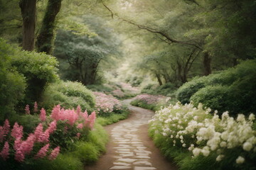 Winding path in the dense forest with beautiful flowers around 