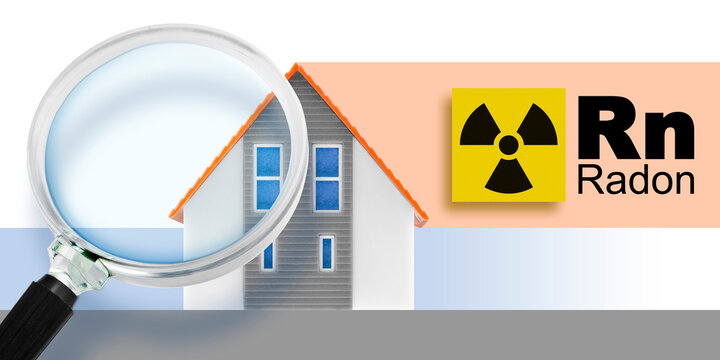 The danger of natural radon gas in buildings - concept with radioactivity symbol, magnifying glass and home model