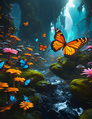 Fantasy landscape with butterflies and wildflowers in a mysterious dreamy woodland. Concept of magic, imagination, fairytale. Digital illustration. CG Artwork Background