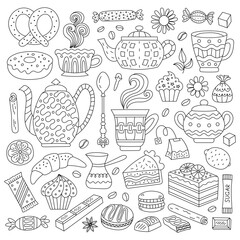Tea, coffee and dessert elements in doodle style. Baking and sweets for your design. - 723698362
