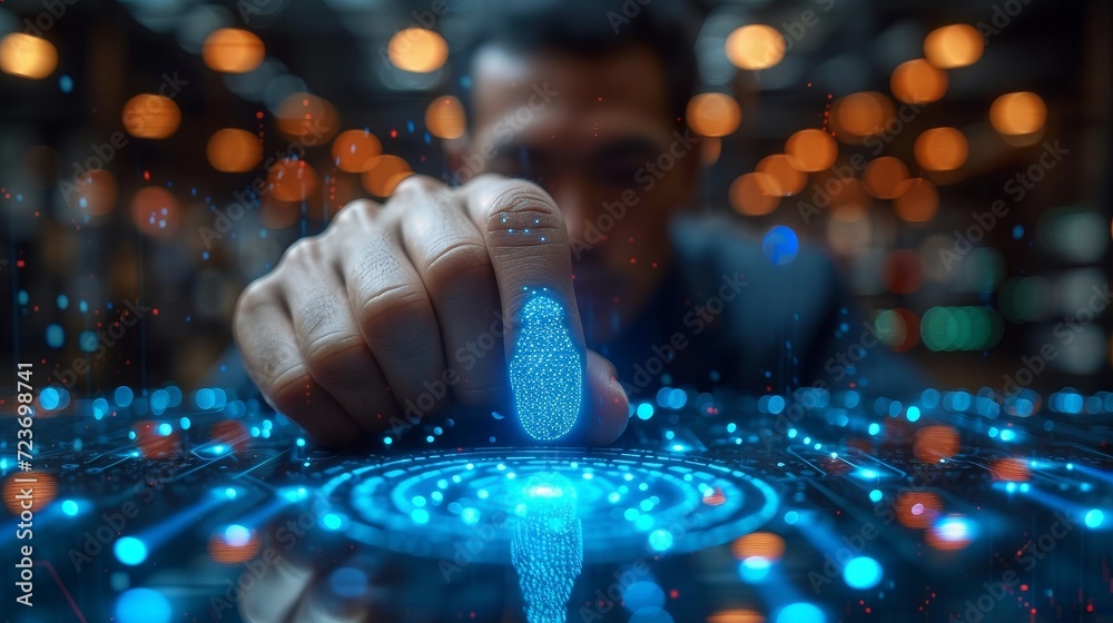 Poster An individual using fingerprint identification to access personal financial information. Idea for E-kyc (electronic know your customer), biometrics security, or what is known as innovation technology