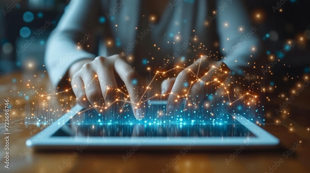 Aufkleber businessman using tablet to analyze sales data and economic growth graph chart. planning and strateg