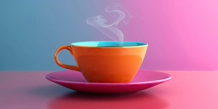 Classic Coffee Cup and Saucer, with Steam Rising from a Freshly Poured Cup: A Modern, Colorful Depiction of the Timeless Pleasure of Coffee, Enhanced by Striking Colors and a Contemporary Aesthetic