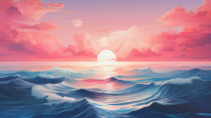 Illustration oil painted picture of Pink sunset on a blue ocean waves, landscape with the evening sea, Oil Painting, pictorial art