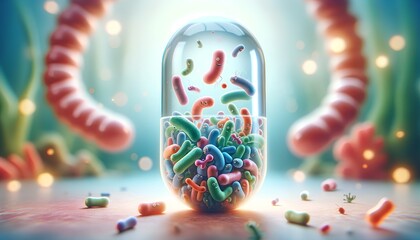 Beneficial probiotics bacteria characters promoting gut health, depicted as friendly and amusing, symbolizing health supplements for gastrointestinal wellness and a positive mood.