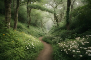 Obraz premium Winding Forest Path lined with white wild flowers, lush vegetation, verdant plants all around