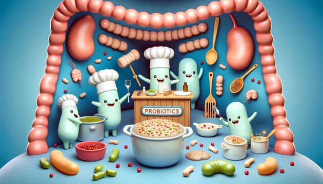 Beneficial probiotics bacteria characters promoting gut health, depicted as friendly and amusing, symbolizing health supplements for gastrointestinal wellness and a positive mood.