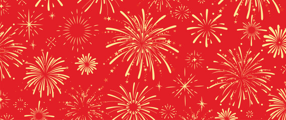 Festival chinese backdrop vector. Happy chinese new year wallpaper design with golden fireworks on red background. Modern luxury oriental illustration for cover, banner, website, decor, advert.