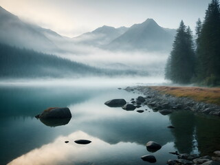 Misty Morning at the Mountain Lake - Nature's Awakening: Pine Forest Morning by the Lake