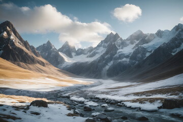 Obraz premium Mountains Landscape - Morning Bliss, Sunlit Peaks and Cloud-kissed Skies - Tranquil Winter Valley