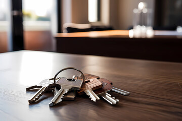 Keys on the table in new apartment or hotel room. Mortgage, investment, rent, real estate, property concept. - obrazy, fototapety, plakaty