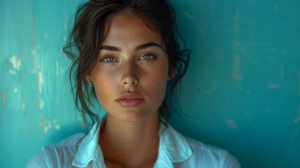 portrait d'une très belle jeune femme brune portant une chemise blanche, posant devant un mur bleu turquoise - obrazy, fototapety, plakaty