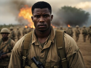 Fototapeta premium Bravery Beyond Borders: Black Military Man on the Frontlines