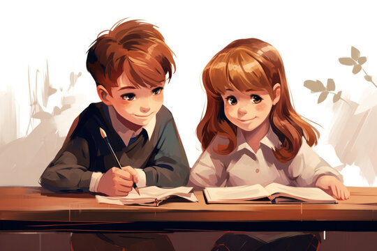 A boy and a girl are sitting at a table and reading a book5