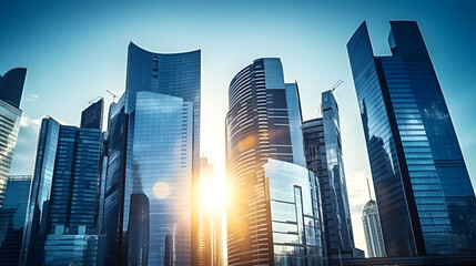 Image of modern skyscrapers, futuristic financial district. with sunlight shining from behind the building.