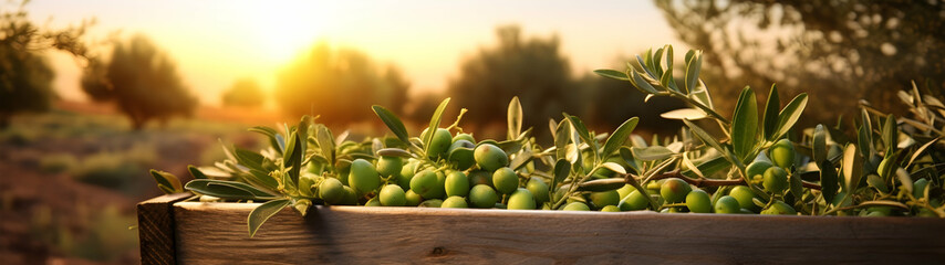 Olives harvested in a wooden box in a plantation with sunset. Natural organic fruit abundance....