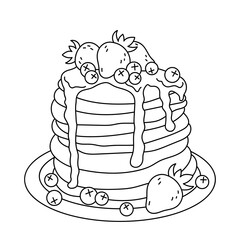 Pancakes with strawberries, blueberries and maple syrup. Dessert, sweets. Coloring page, icon, black and white vector illustration.