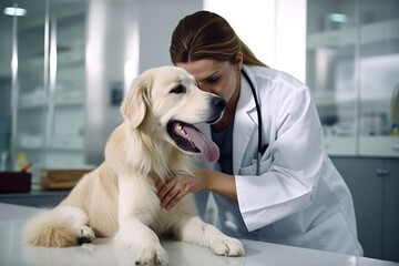 Veterinarian and a golden retriever at veterinary clinic.