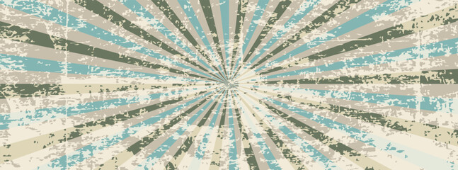 Vintage grunge shabby retro horizontal old poster background with diverging beams. 