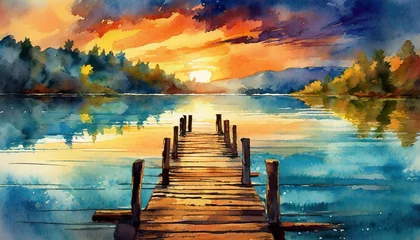 Zelfklevend Fotobehang sunset on the lake with wooden jetty, art design © Animaflora PicsStock