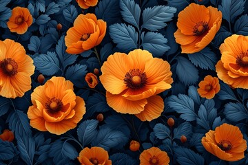 Flower Power: A Vibrant Display of Orange Flowers in a Blue and Orange Background Generative AI