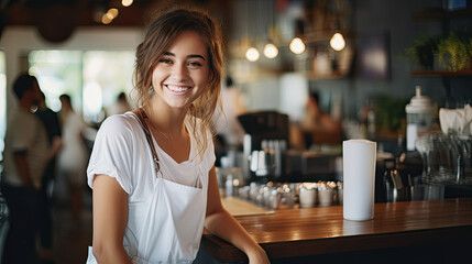 Smiling female bartender or waiter at the counter. - obrazy, fototapety, plakaty