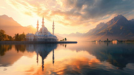 A majestic and serene mosque on the shore of a lake with a backdrop of rugged mountains under the golden light of a charming sunset