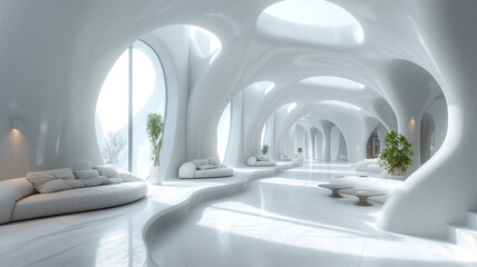 A minimalist sanctuary with natural light pouring through arched windows, featuring sleek interior design and a clean white wall backdrop