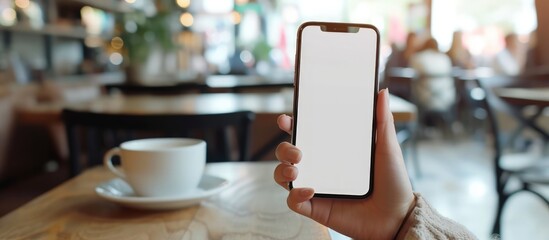 Woman hand holding a mobile phone white blank screen for mockup at coffee shop. Generated AI image - obrazy, fototapety, plakaty