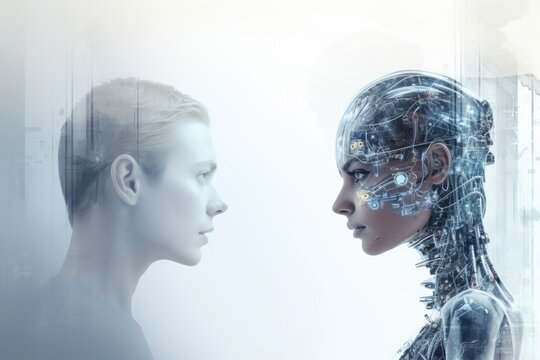 Conceptual image of a woman facing her humanoid robot counterpart, symbolizing AI and human interaction.