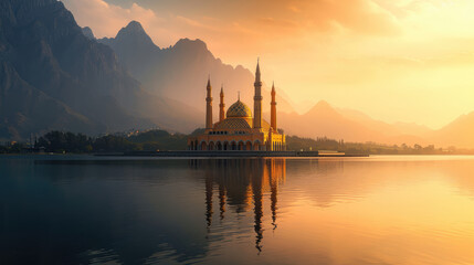 Beautiful mosque surrounded by calm lake water with a backdrop of mountains under the warm rays of the rising sun