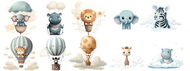Adorable Baby Animals in Hot Air Balloons, Floating Among Clouds - A Cute and Whimsical Vector Illustration for Children’s Themes