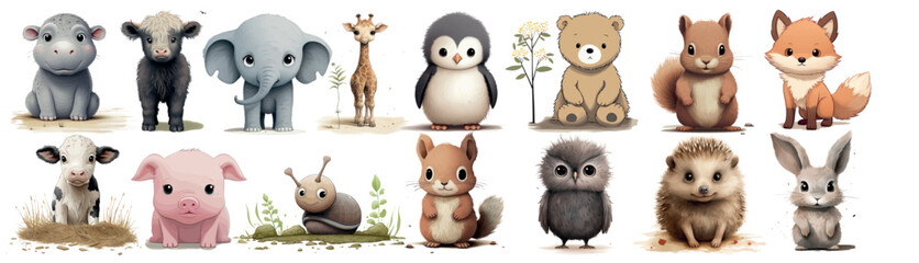 Adorable Collection of Illustrated Baby Animals: From a Cute Hippo to a Fluffy Bunny, Perfect for Children’s Books and Educational Content - obrazy, fototapety, plakaty