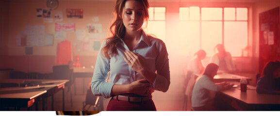 A woman in a red top is holding her heart, clutching her chest and stomach in a classroom, health problems, emotional distress. Heart failure. Lack of xylene. On a blurred background with students