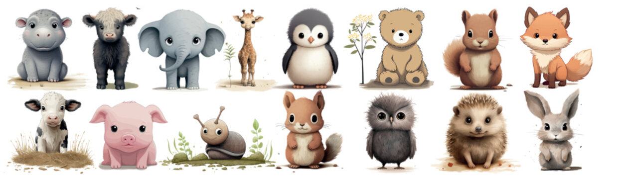 Adorable Collection of Illustrated Baby Animals: From a Cute Hippo to a Fluffy Bunny, Perfect for Children’s Books and Educational Content