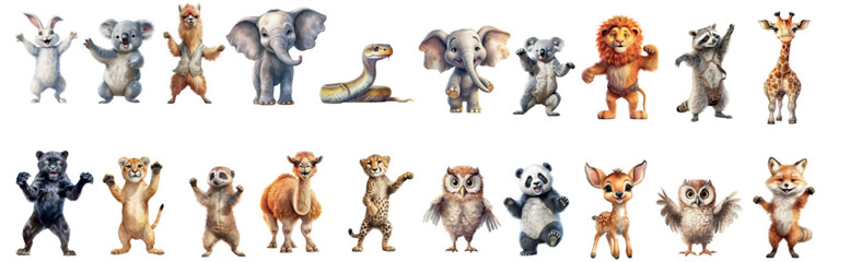 Safari Animal set hare, koala, llama, elephant, snake, panther, cheetah, camel, leopard in watercolor style. Isolated flat vector illustrationanther, cheetah, camel, leopard